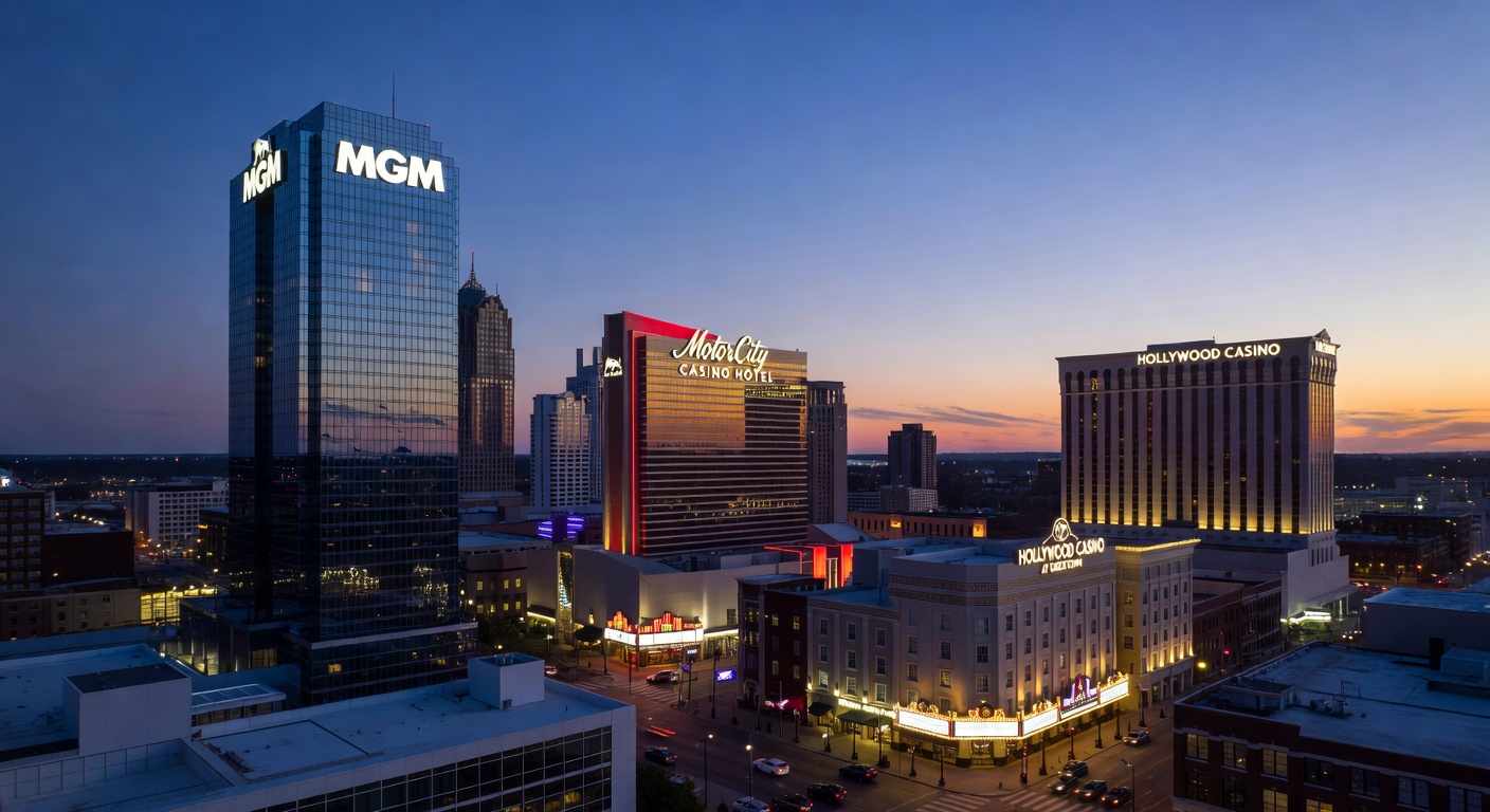 Interior shot of bustling slot machines and table games at one of Detroit's casinos, with patrons engaged in play under bright lights