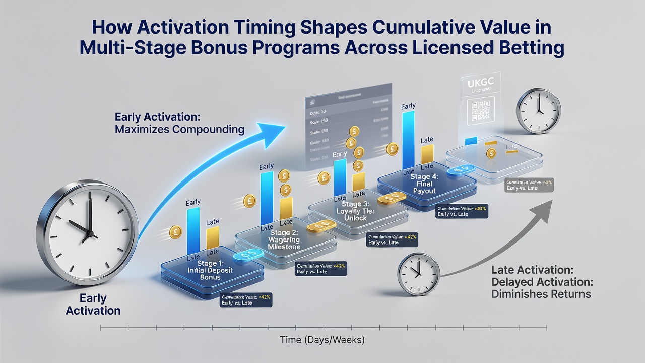 Chart illustrating timing windows and resulting bonus value accumulation across different betting networks