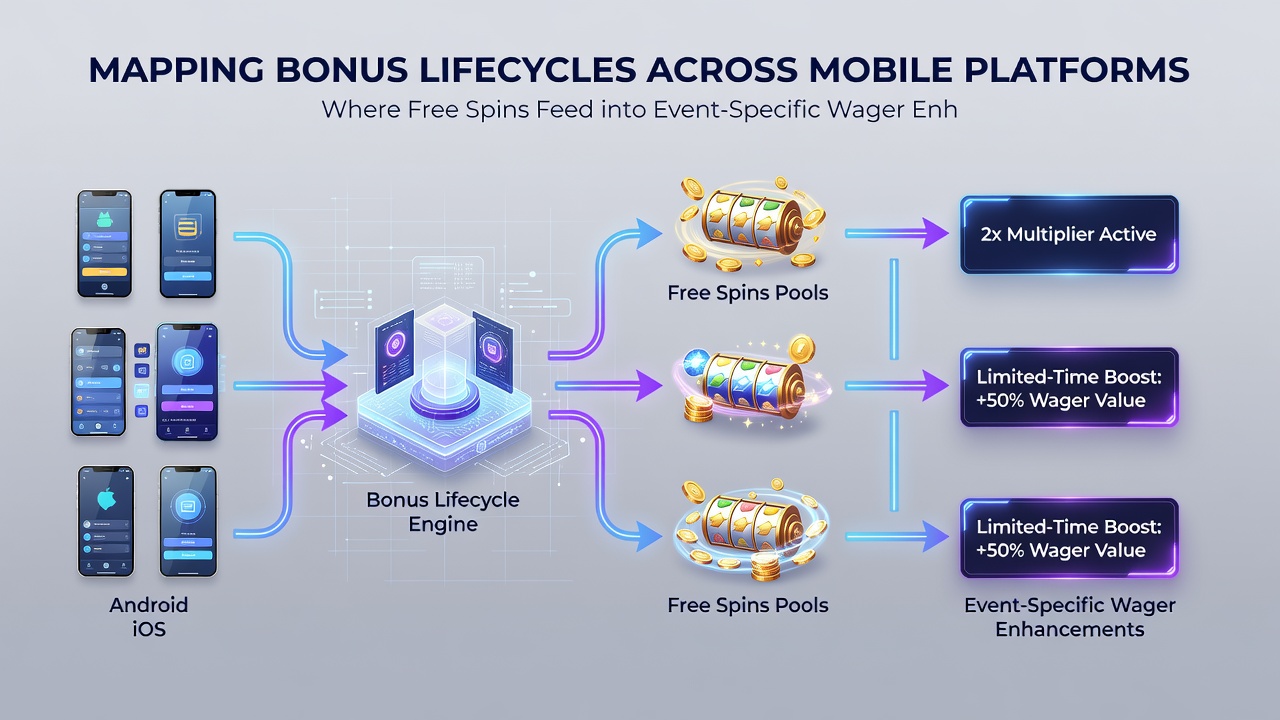 Flowchart style graphic showing progression from free spins through credit conversion to event wager enhancers on mobile