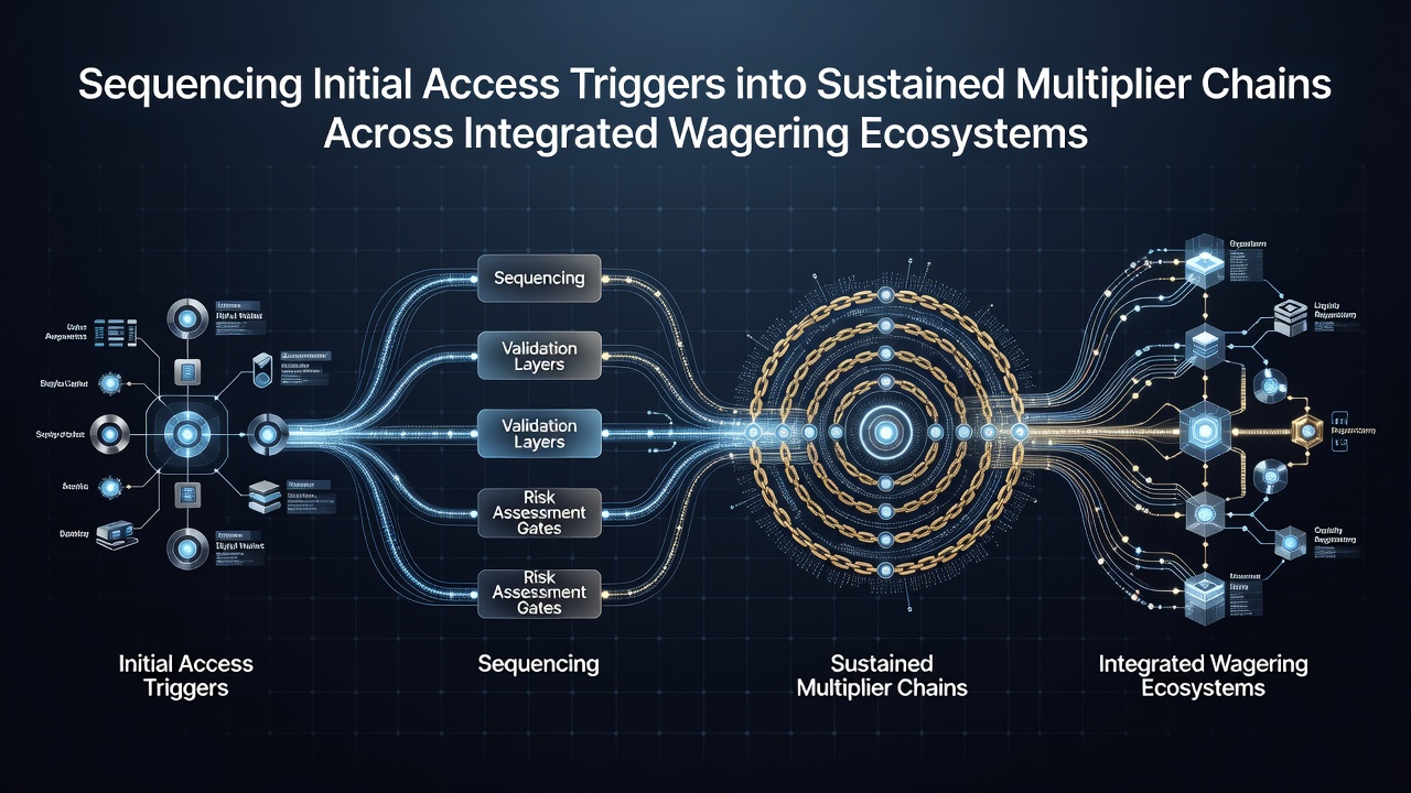 Diagram showing initial access triggers flowing into sustained multiplier chains across casino and sportsbook platforms