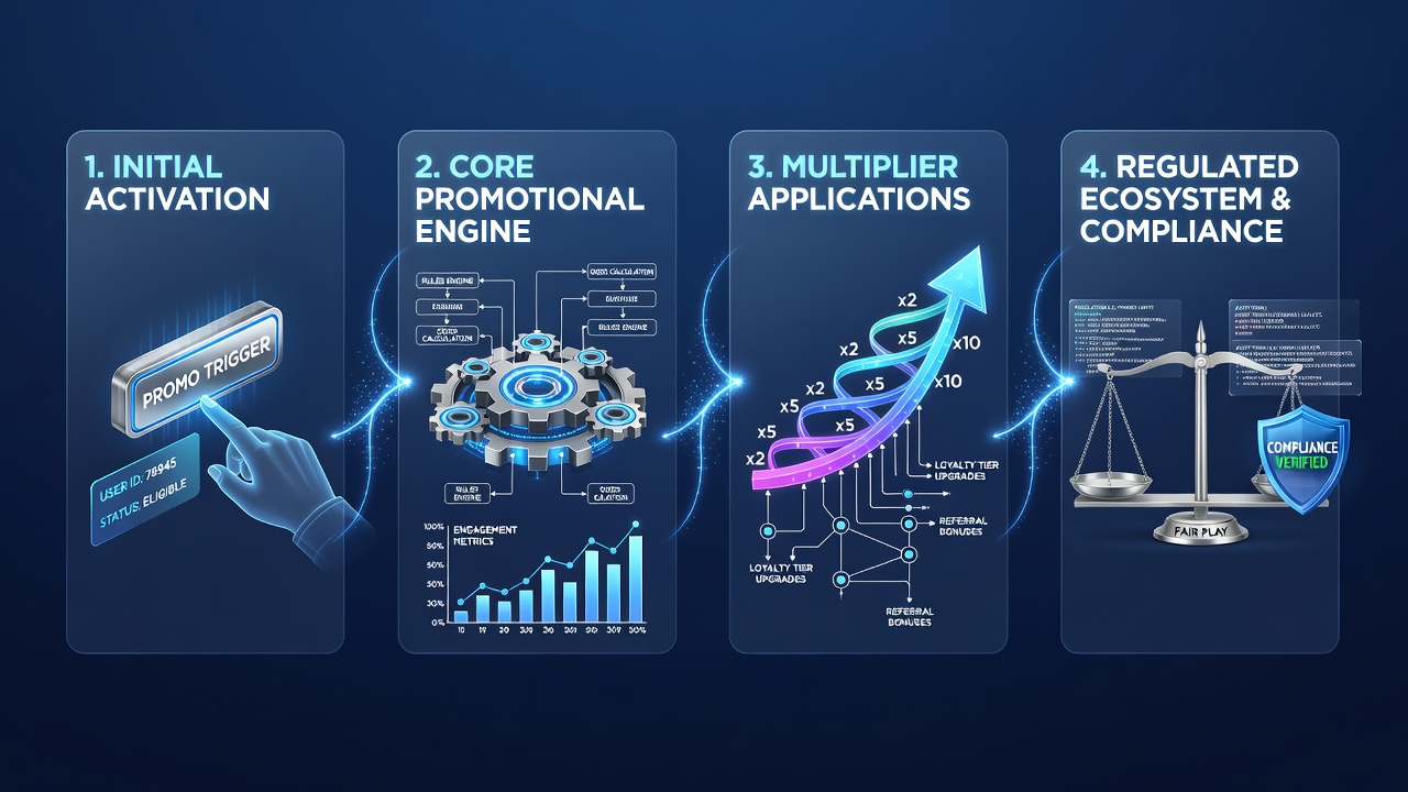 Visual diagram showing the progression of promotional sequences in regulated betting systems from initial activation to multiplier stages